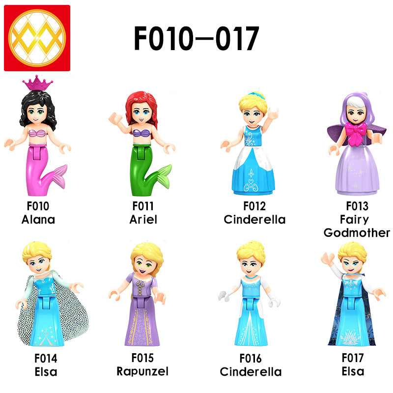 F010-017 Alana Ariel Cinderella Fairy Godmother Elsa Rapunzel Cinderella Elsa Building Blocks Kids Toys