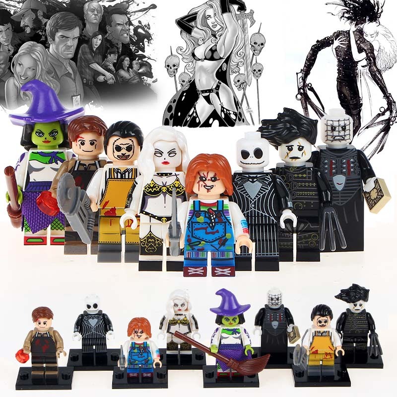 WM6012 Horror Creepy Doll Halloween Jack Skellington Freddy Jason voorhees Texas Chainsaw Pinhead Clown Building Block Toys For Kids