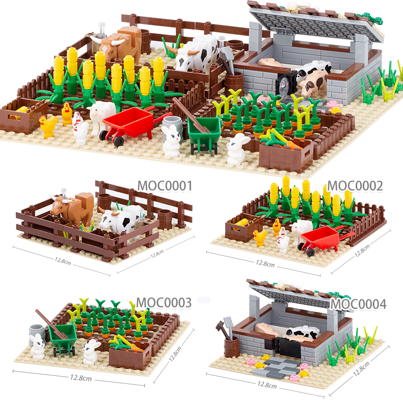 MOC0001-0004 Animal Farm City Bricks Plants Fruit Tree Farm Animals Building Blocks Bricks Montessori Kids Toys for Children Gift MOC Parts