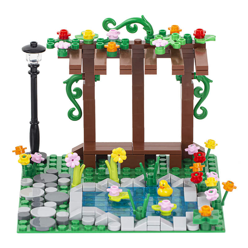 MOC3007 Farm Series Pavilion Corridor Country Pastoral Street Scene Pond Animal Duck Flower Shelf Building Blocks Bricks Kids Toys for Children Gift