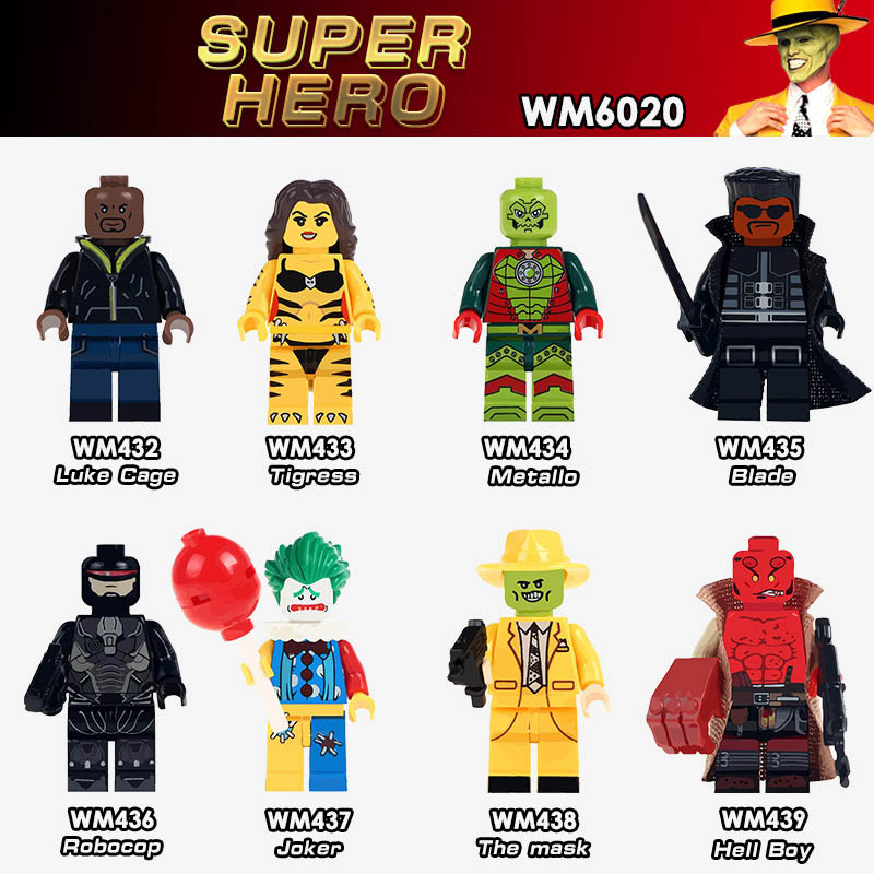 WM6020 Super Heroes Luke Cage Tigress Metallo Fixer Thuderbolts Stripper Blade Robocop Joker Mask Hell Boy Building Blocks Toys