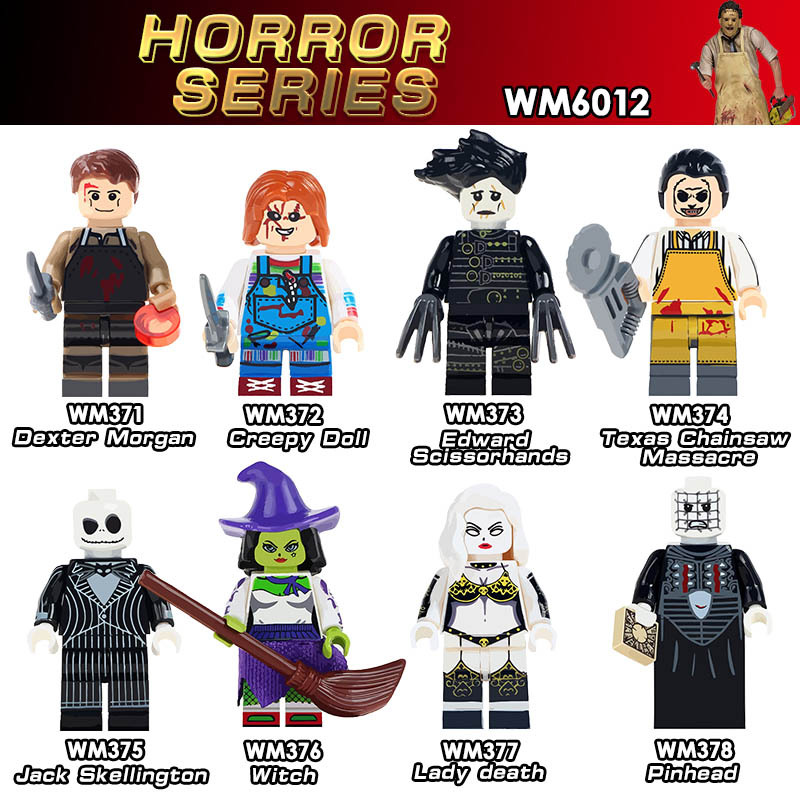 WM6012 Horror Creepy Doll Halloween Jack Skellington Freddy Jason voorhees Texas Chainsaw Pinhead Clown Building Block Toys For Kids