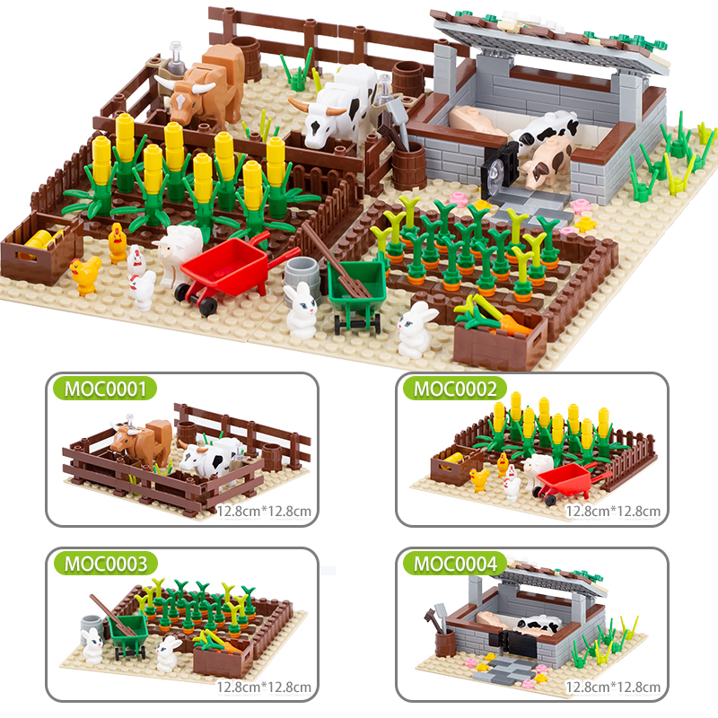 MOC0001-0004 Animal Farm City Bricks Plants Fruit Tree Farm Animals Building Blocks Bricks Montessori Kids Toys for Children Gift MOC Parts