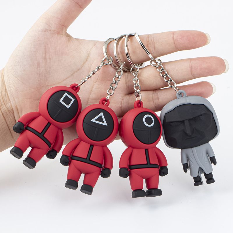 T884 Squid Game Key chain Soldier Triangle Series Creative Charms 3d Mini Doll Figurine Key Ring Pendant Gift Ornament Toys For Kids