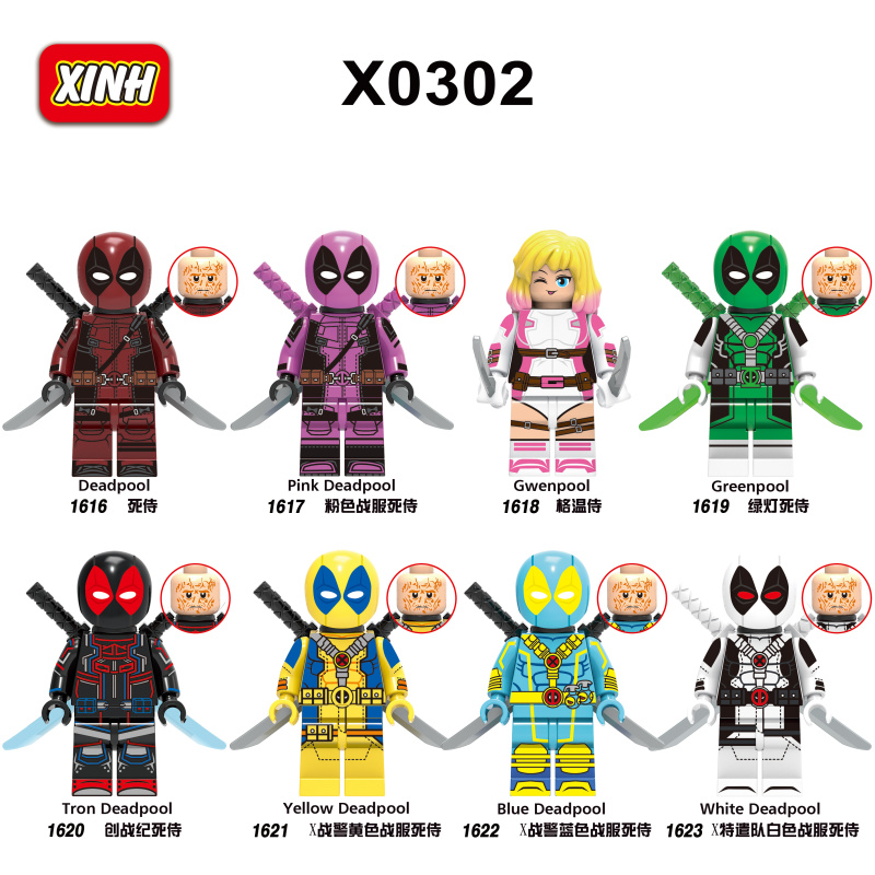 X0302 Marvel Super Hero Deadpool Gwenpool Greenpool Tron Deadpool Pink Yellow Blue White Deadpool Action Figure Building Blocks Kids Toys