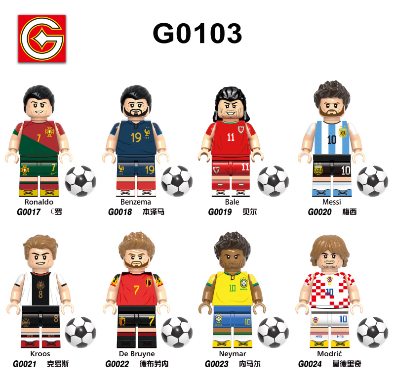 G0103 Athletes Ronaldo Benzema Bale Messi Kroos De Bruyne Neymar Modric Action Figure Building Blocks Kids Toys