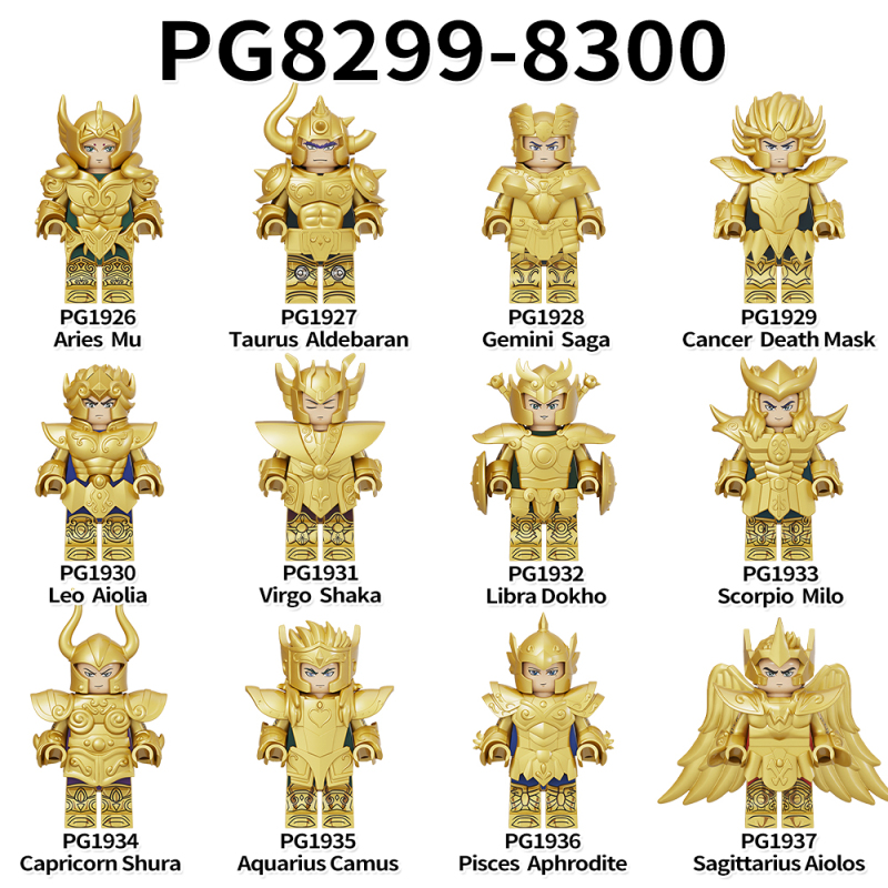 PG8299 PG8300 Saint Fighter Aries Mu Taurus Aldebaran Gemini Cancer Death Mask Leo Aiolia Virgo Shaka Libra Dokho Scorpio Milo Capricorn Shura Aquarius Camus Pisces Aphrodite Sagittarius Aiolos Action Figures Building Blocks Kids Toys