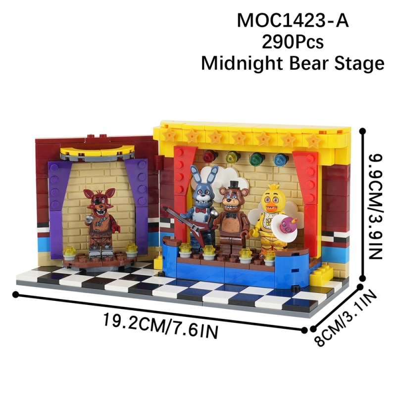 286Pcs MOC1423 FNAF Anime Version Stage Scene Bricks Horror Midnight Bear Character Model Assembly Building Blocks Toys For Kids