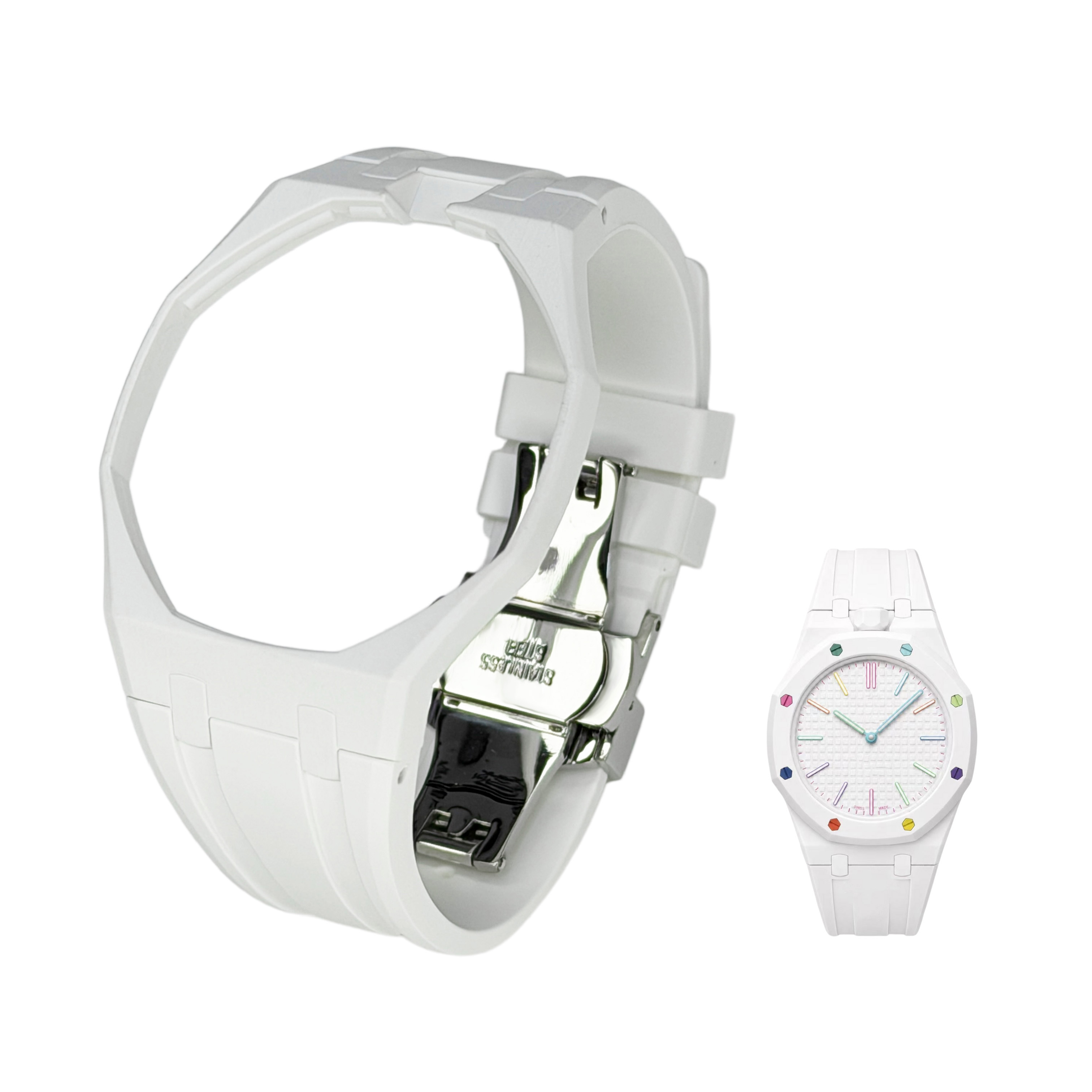 Integrated Bioceramic Watch Case and Silicone Strap Kit Compatible with AP x Swatch Royal Pop Series, One-Piece Replacement Case Band Set with Stainless Steel Folding Clasp, Watch Not Included