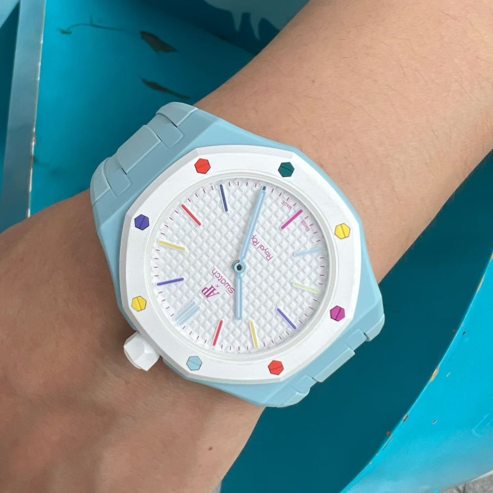 Integrated Bioceramic Watch Case and Silicone Strap Kit Compatible with AP x Swatch Royal Pop Series, One-Piece Replacement Case Band Set with Stainless Steel Folding Clasp, Watch Not Included