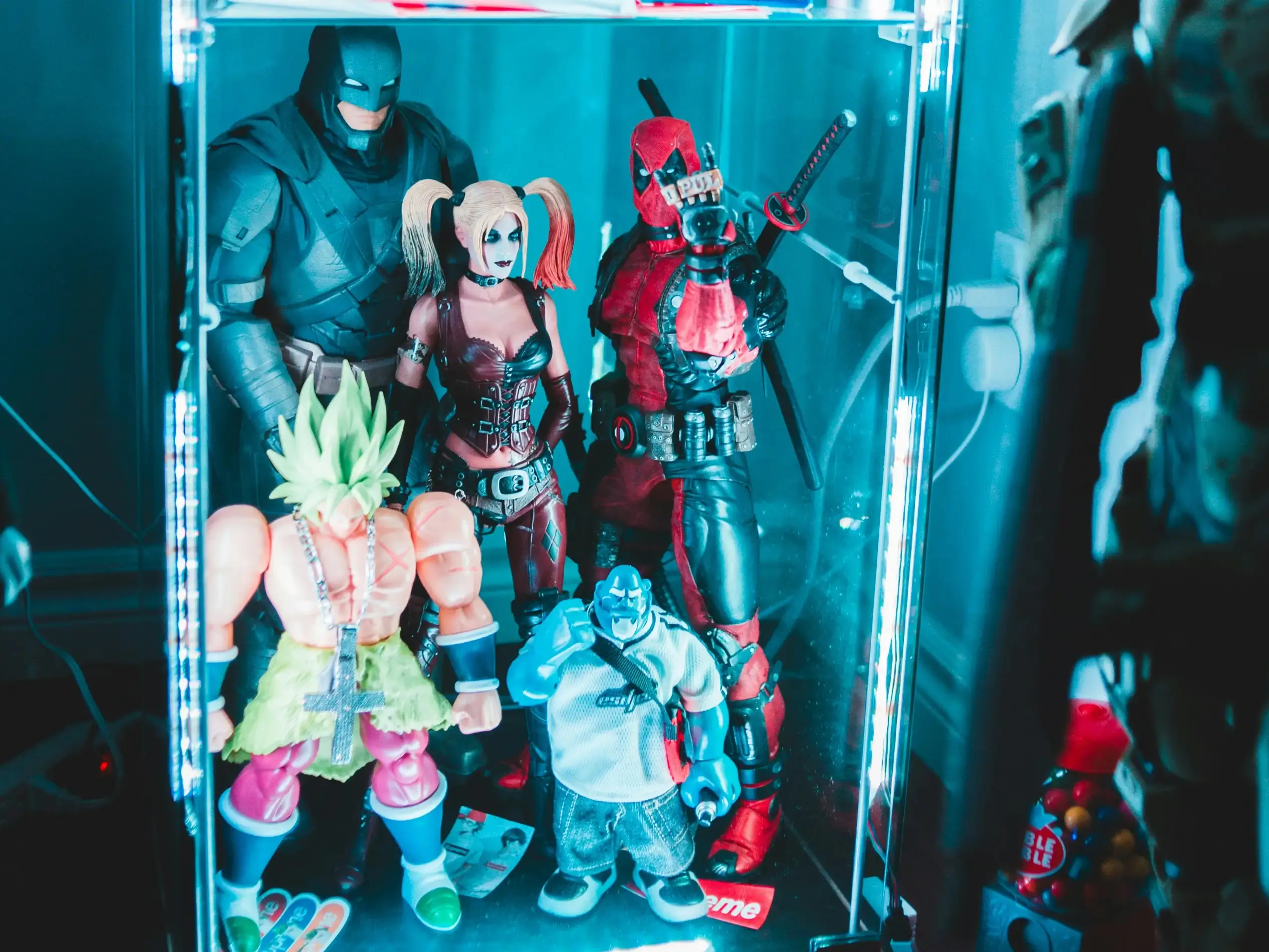The Marvel heroes well-preserved in the display cabinet.
