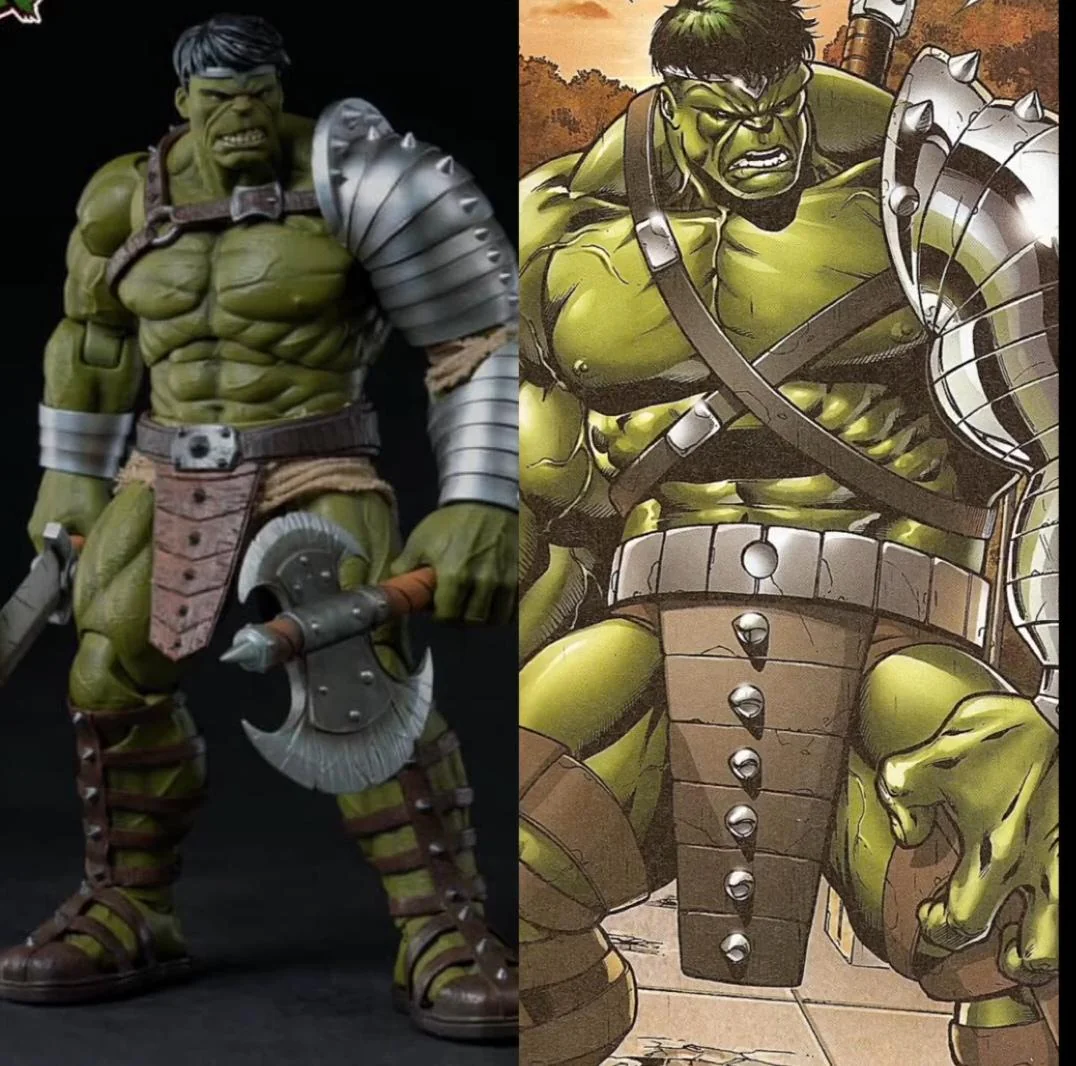 A comparison between the Gladiator Hulk figurine and the prototype from 