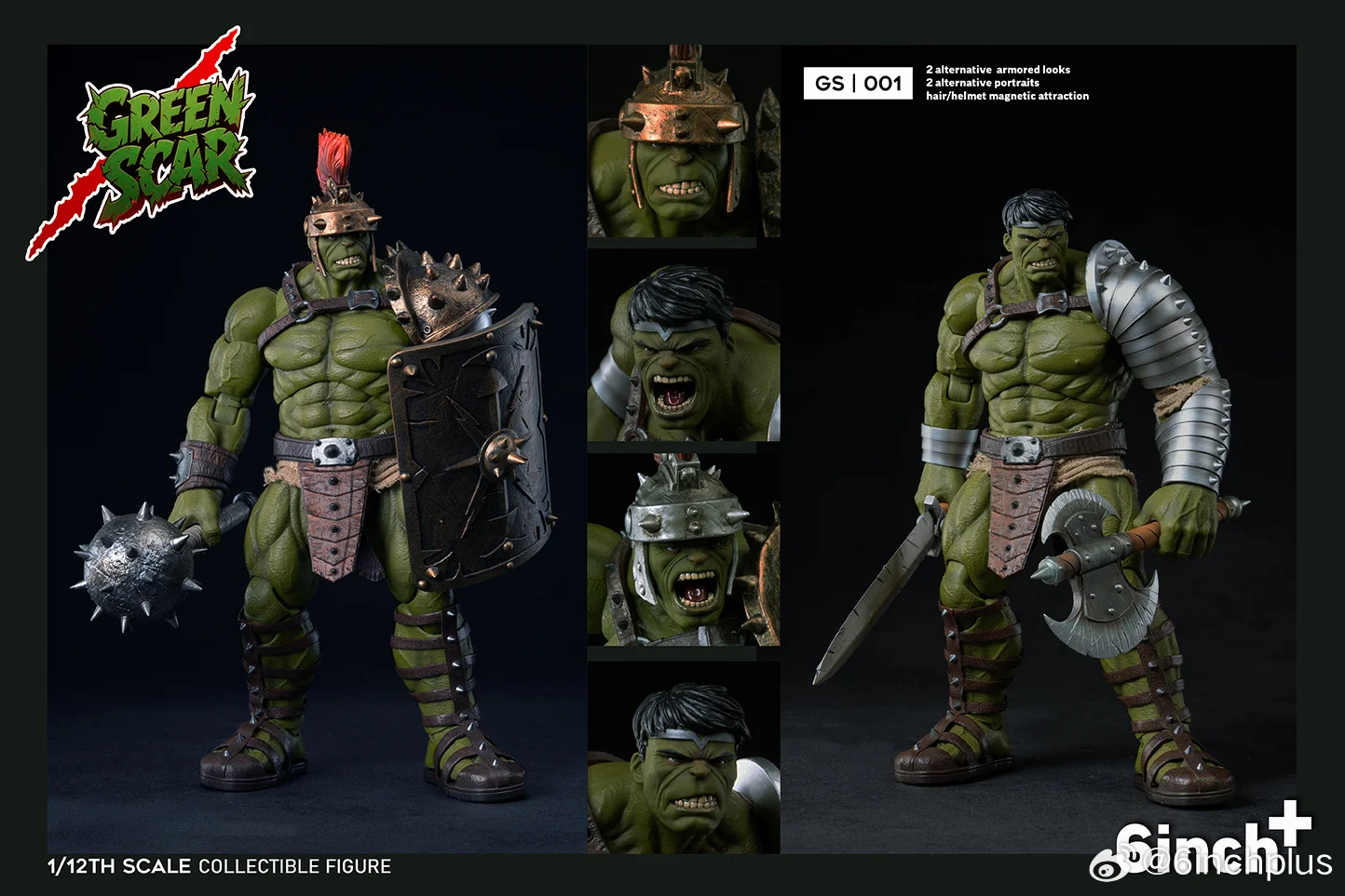Display of accessories for the Hulk Gladiator figure.