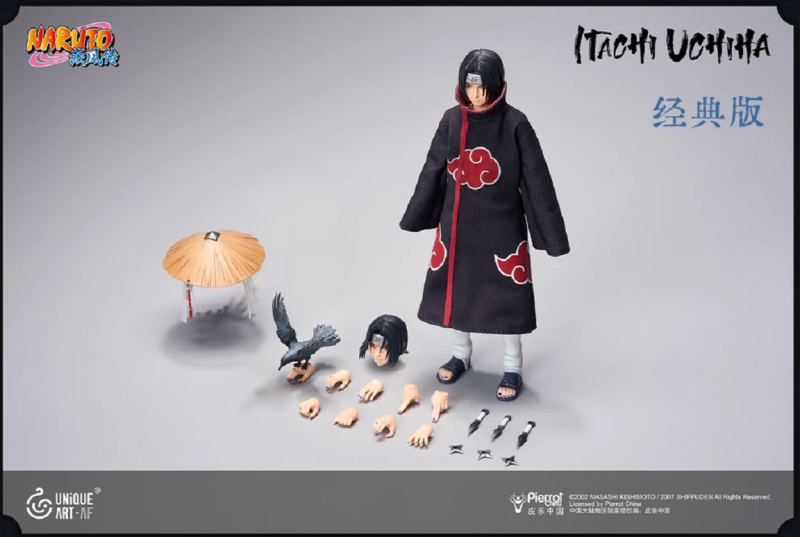 Display of accessories for UNiQUE ART Naruto Shippuden Itachi Uchiha Action Figure.