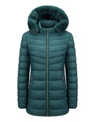 detachable fur trim hooded winter puffer jacket line with velvet thick longline lady coat