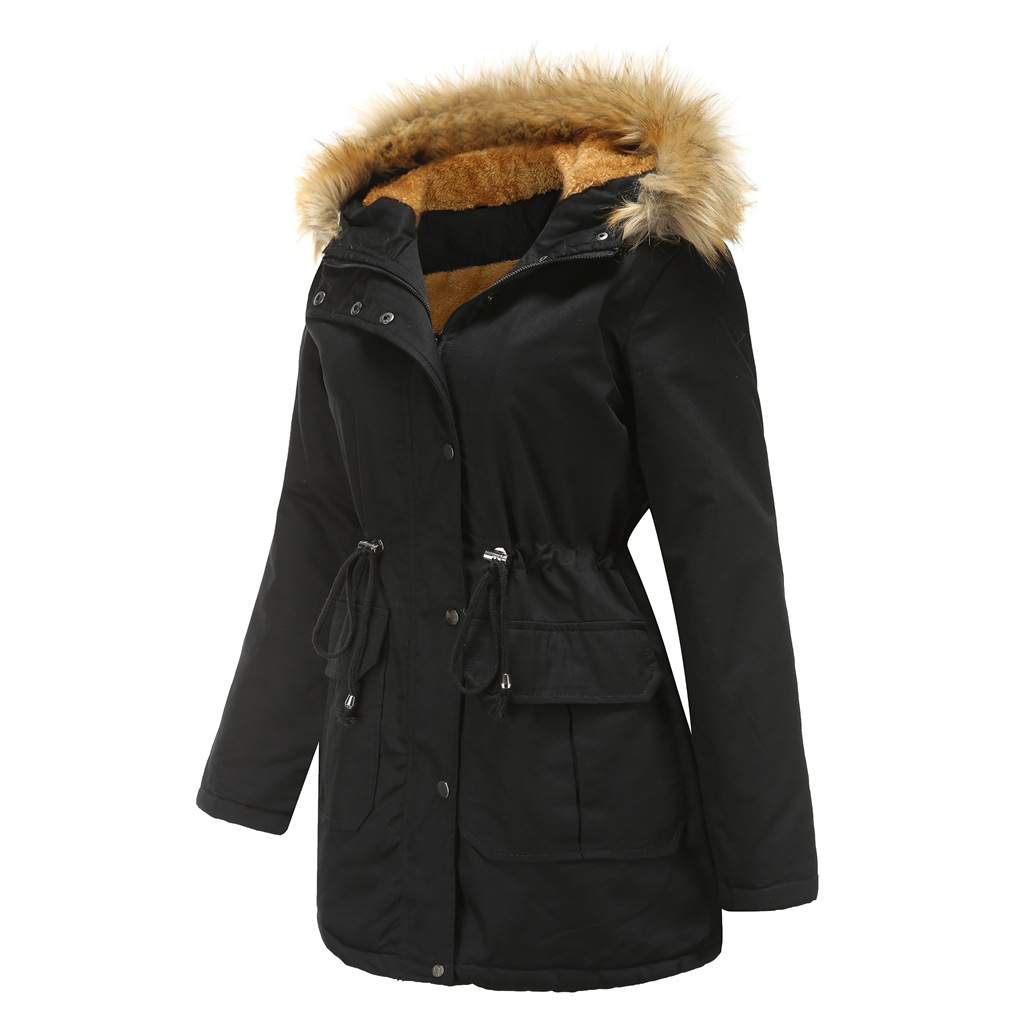 100% cotton women faux fur lined parka puffer jacket middle lenght winter thick outdoor coat