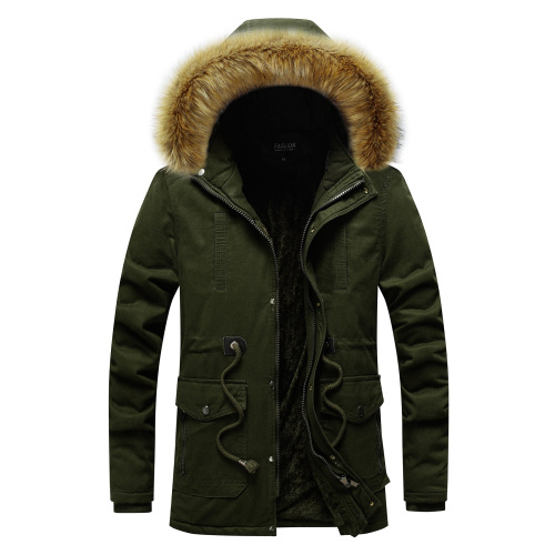 solid color faux fur trimed hood men parka jacket winter outdoor wood coat