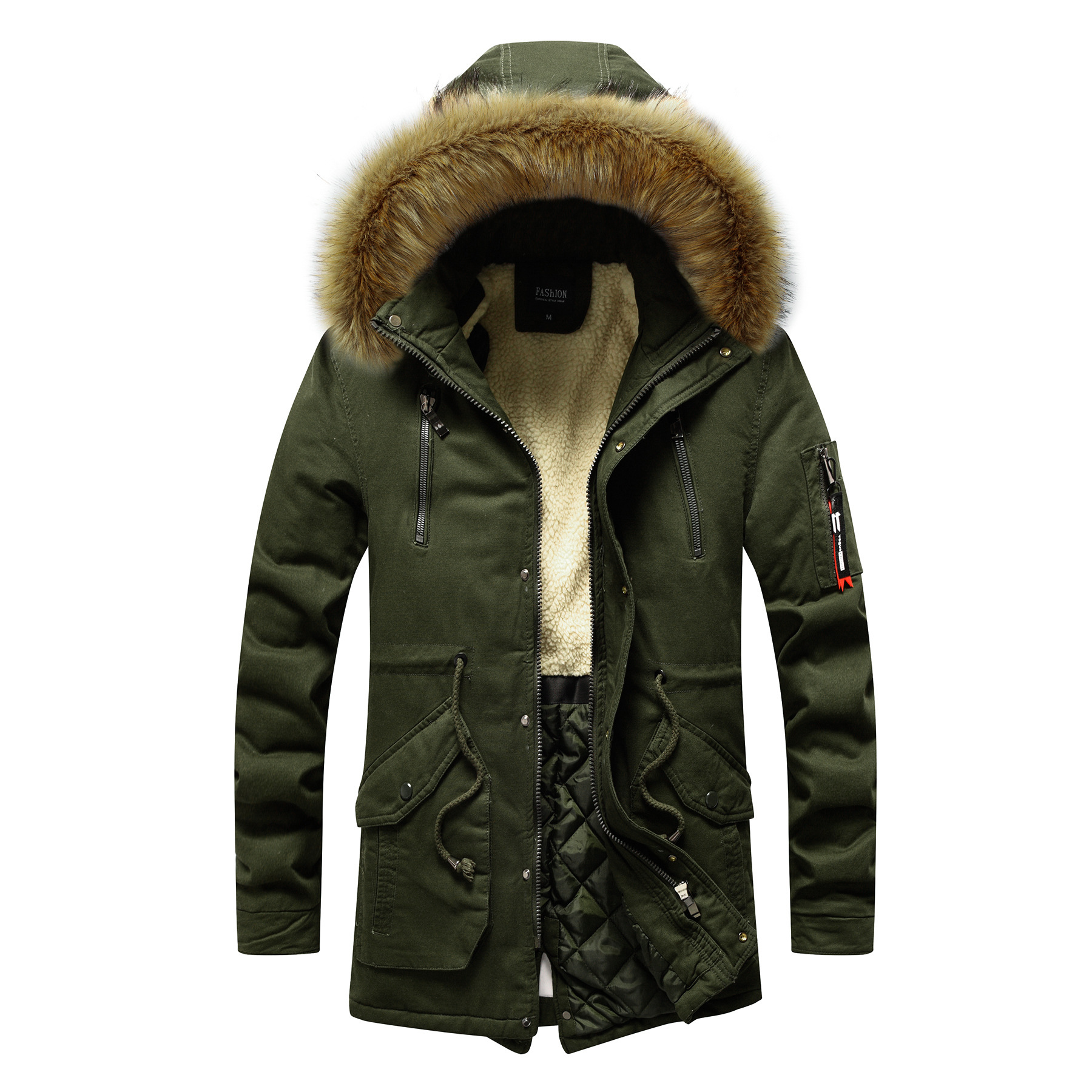 cotton quilted lined men parka jacket zipper pocket faux fur winter parka coat