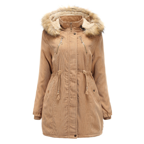 corduroy fabric women faux fur hooded winter parka coat outer jacket
