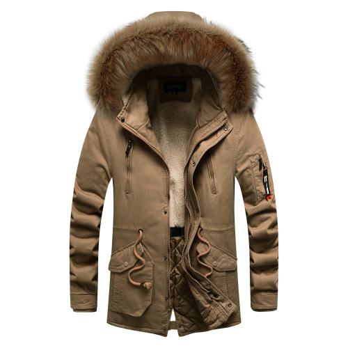 cotton quilted lined men parka jacket zipper pocket faux fur winter parka coat