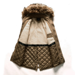 cotton quilted lined men parka jacket zipper pocket faux fur winter parka coat