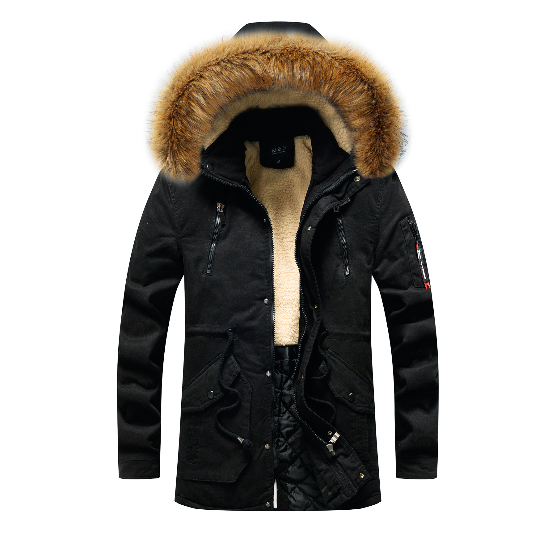 cotton quilted lined men parka jacket zipper pocket faux fur winter parka coat