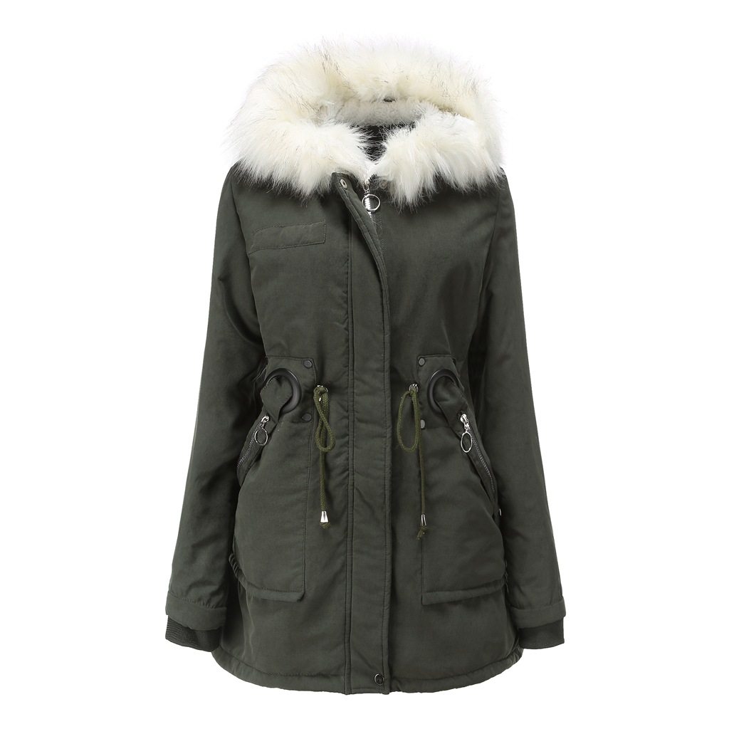 white fur lining collect waist womens parka coat winter warm longline outer jacket