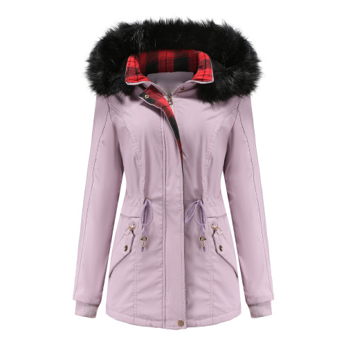 ripstop patchwork middle length women parka coat lined with fur