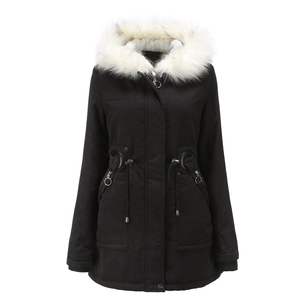 white fur lining collect waist womens parka coat winter warm longline outer jacket