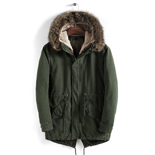 full cotton quilted fur lining longline mens parka coat winter outdoor wood jacket
