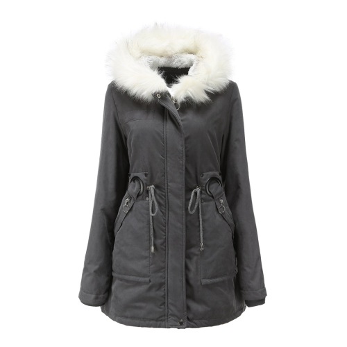 white fur lining collect waist womens parka coat winter warm longline outer jacket