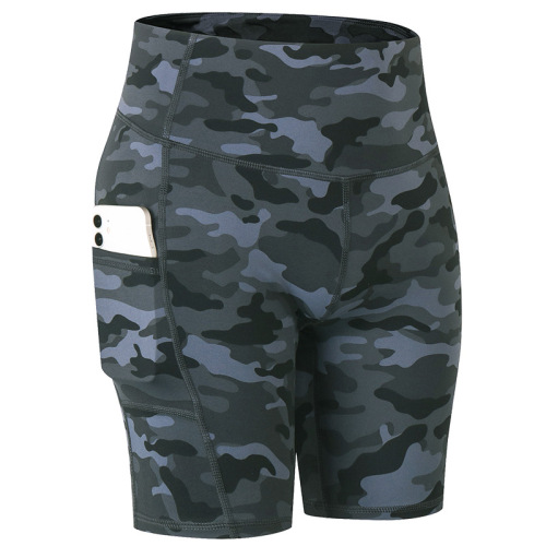 comouflage full printed yoga shorts with phone pockets