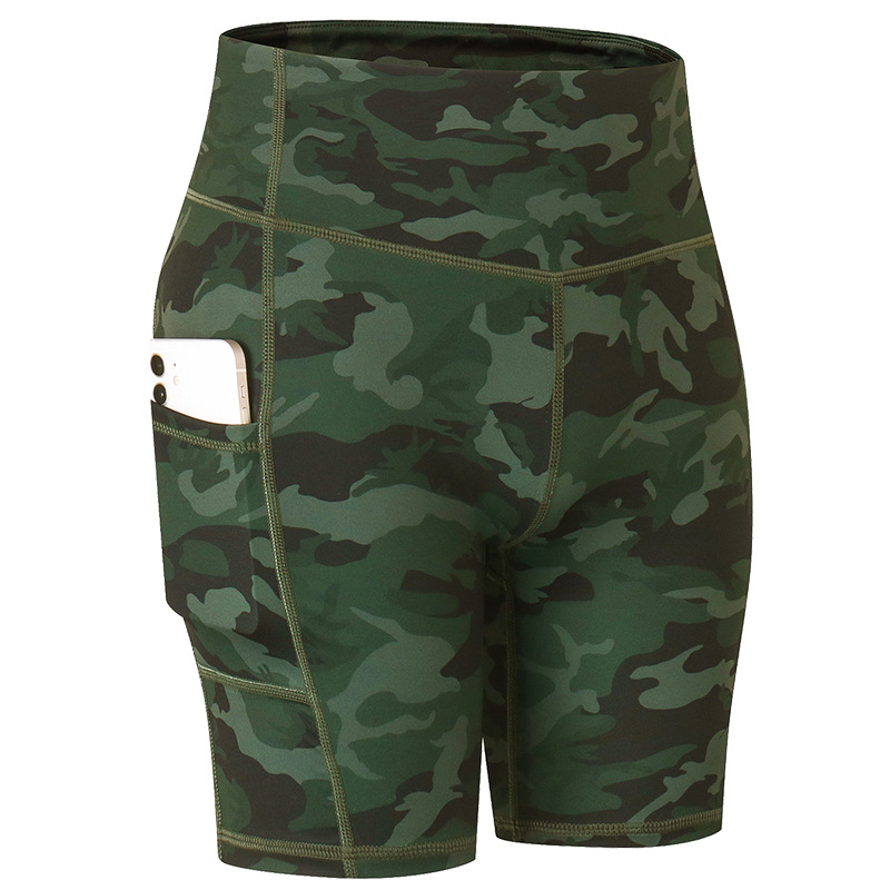 comouflage full printed yoga shorts with phone pockets