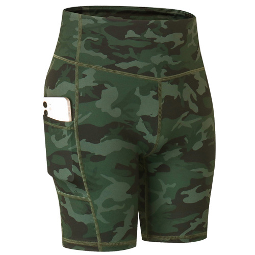 comouflage full printed yoga shorts with phone pockets