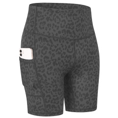 leopard full printed yoga shorts with phone pockets gym sport shorts