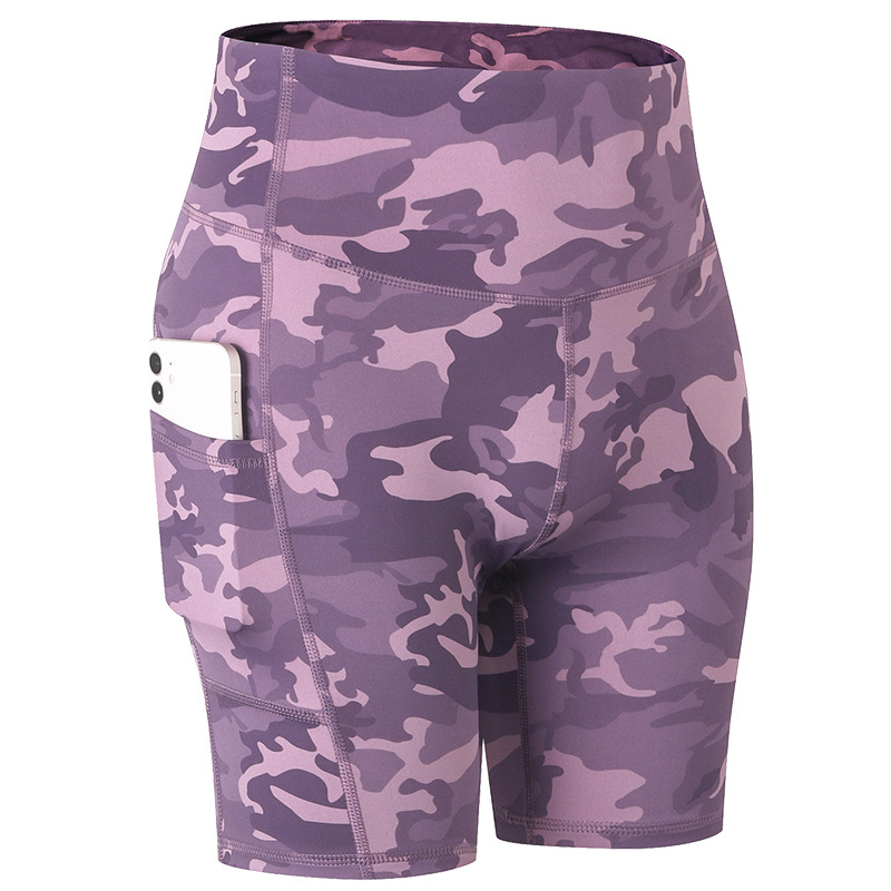comouflage full printed yoga shorts with phone pockets