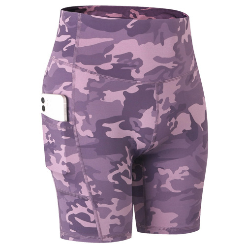 comouflage full printed yoga shorts with phone pockets