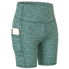 leopard full printed yoga shorts with phone pockets gym sport shorts