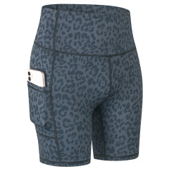 leopard full printed yoga shorts with phone pockets gym sport shorts