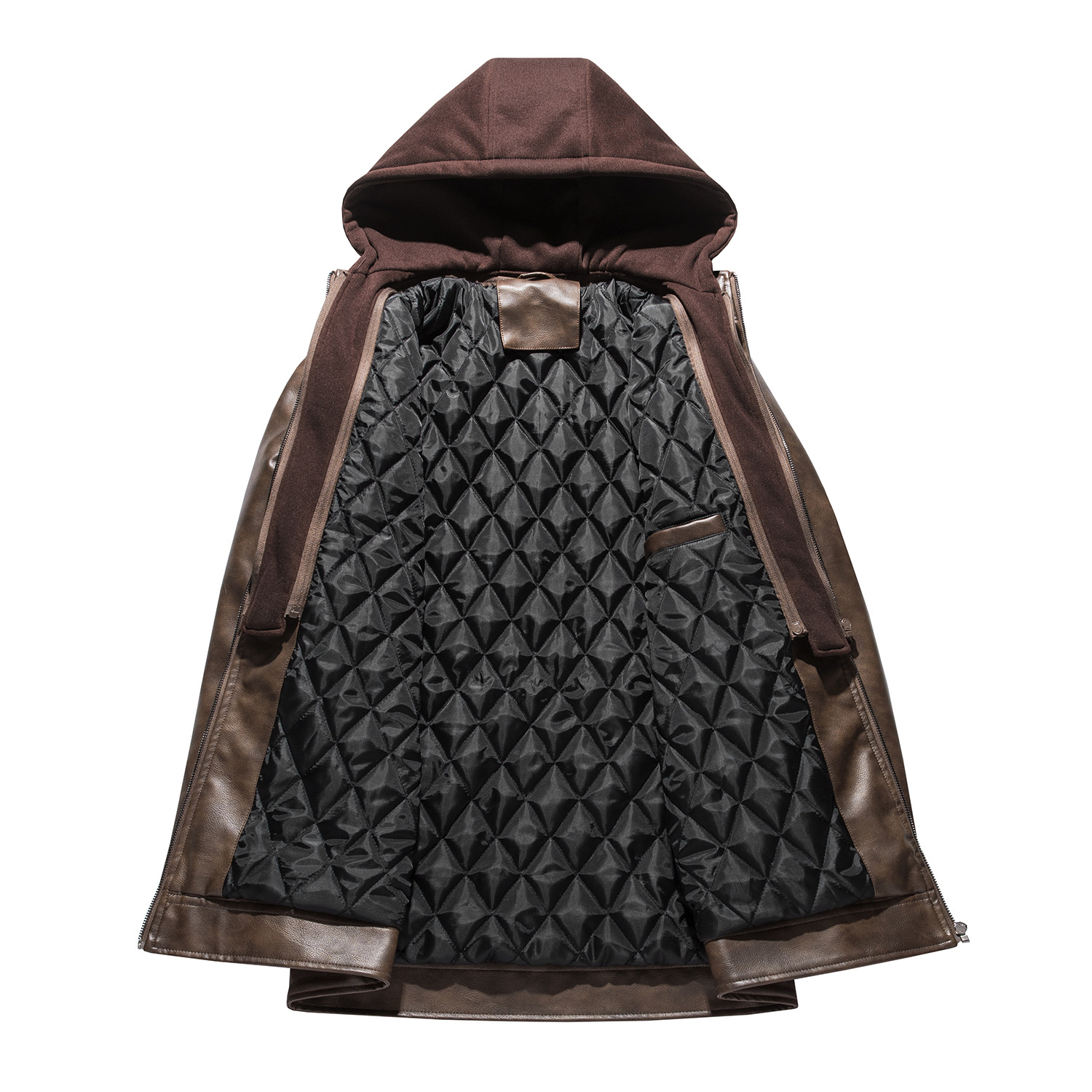 zipper opening sleeve detachable hood polish motorcycle PU jacket winter over coat