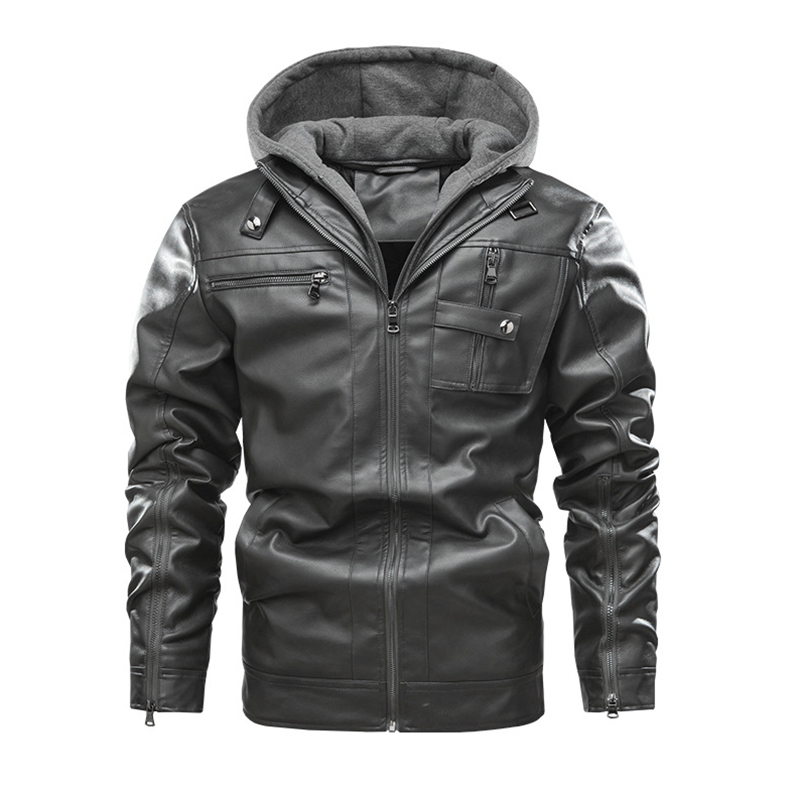 zipper opening sleeve detachable hood polish motorcycle PU jacket winter over coat