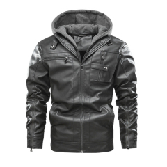 zipper opening sleeve detachable hood polish motorcycle PU jacket winter over coat