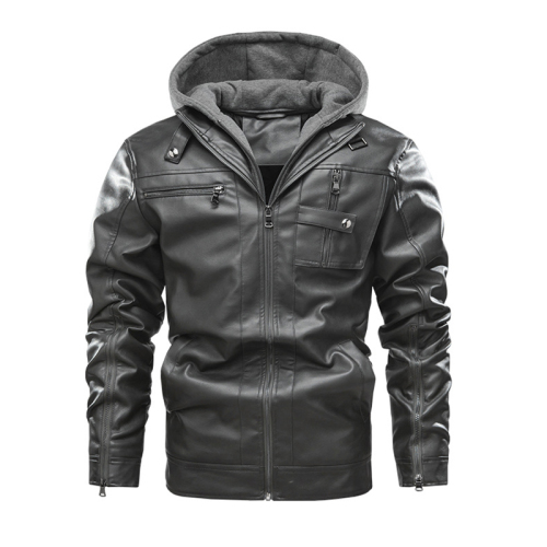 zipper opening sleeve detachable hood polish motorcycle PU jacket winter over coat