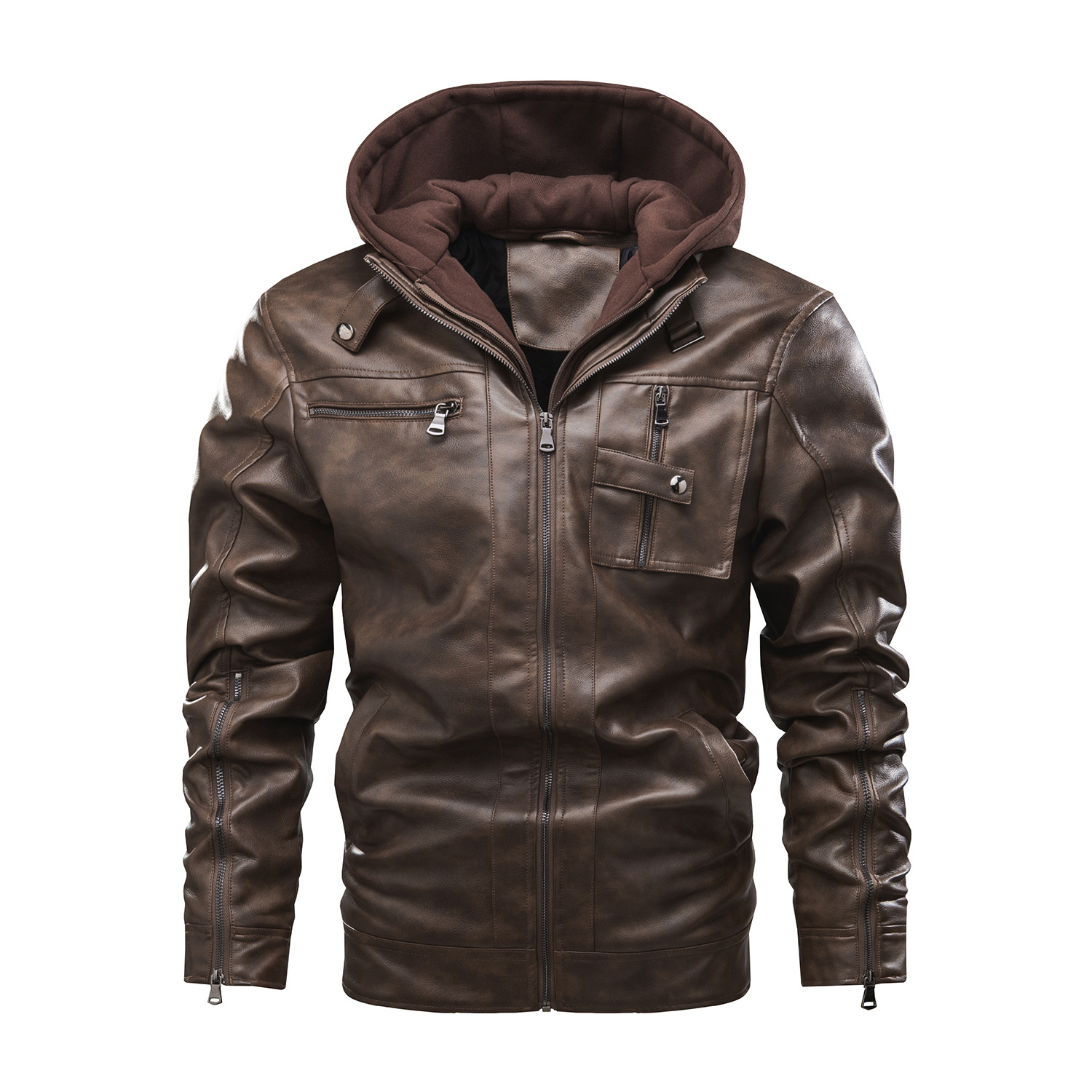 zipper opening sleeve detachable hood polish motorcycle PU jacket winter over coat