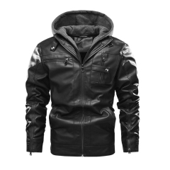 zipper opening sleeve detachable hood polish motorcycle PU jacket winter over coat