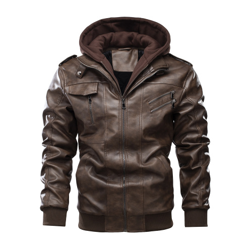diamond quilted lining winter faux leather PU jacket detachable hood motorcycle jacket