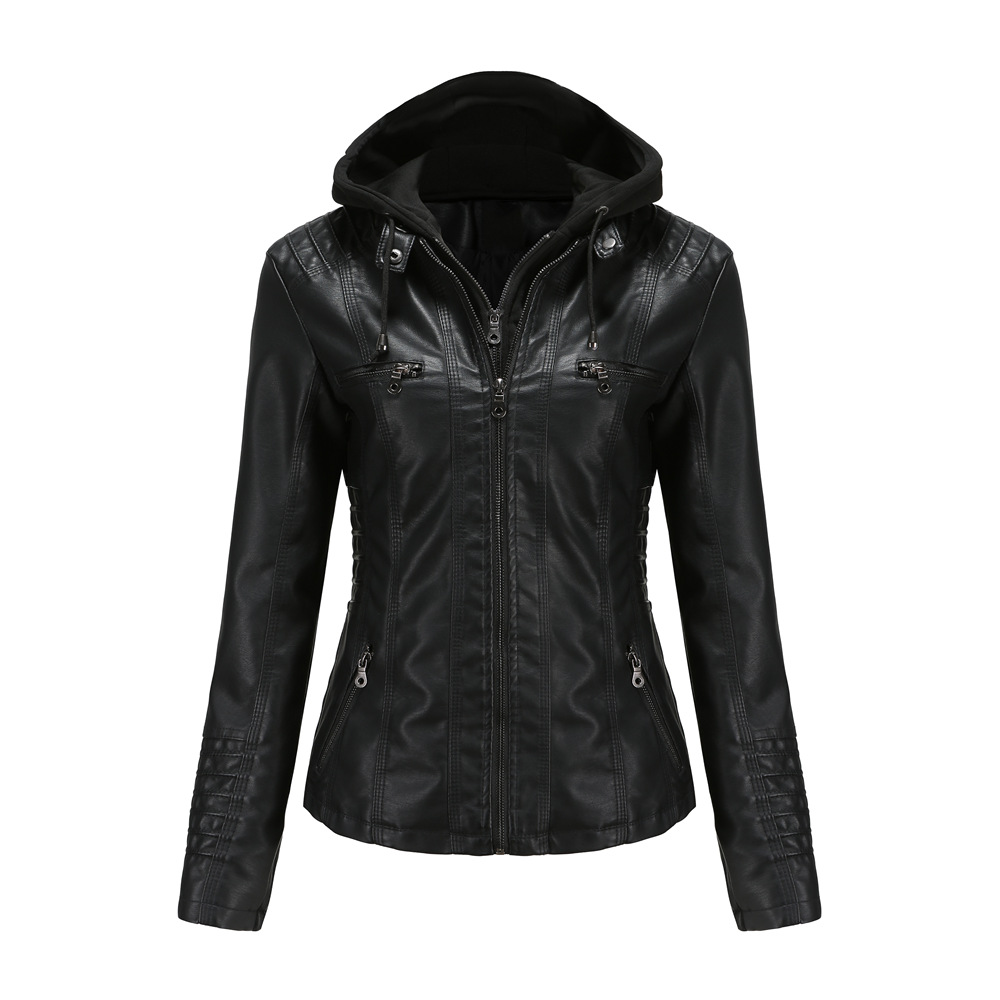 detachable knitted hood women PU jacket zipper pocket polish faux leather autumn outerwear