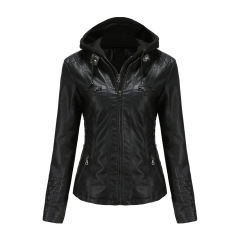 detachable knitted hood women PU jacket zipper pocket polish faux leather autumn outerwear
