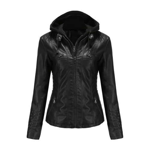detachable knitted hood women PU jacket zipper pocket polish faux leather autumn outerwear