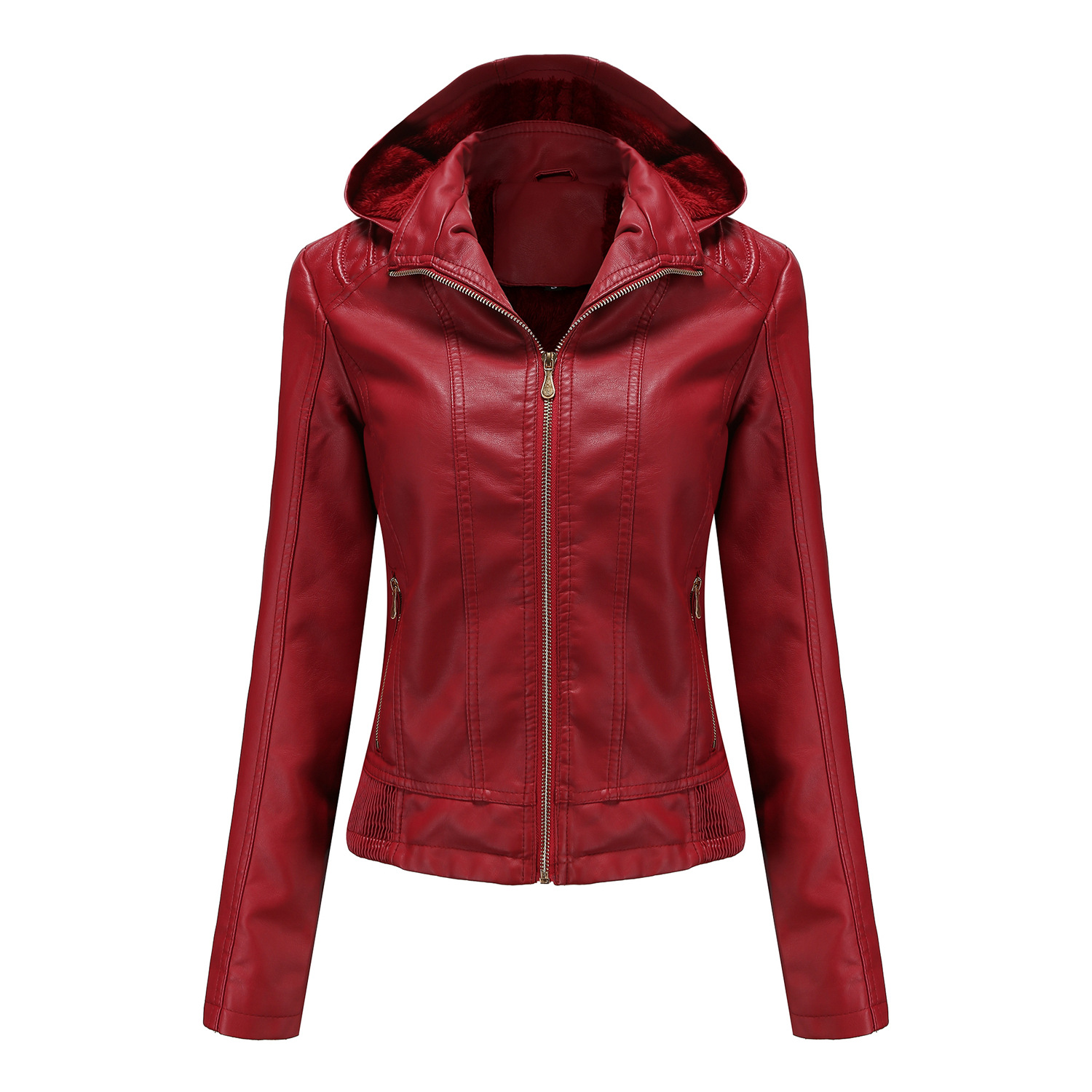 hooded fur lining winter women PU jacket motorcycle bike leather jacket